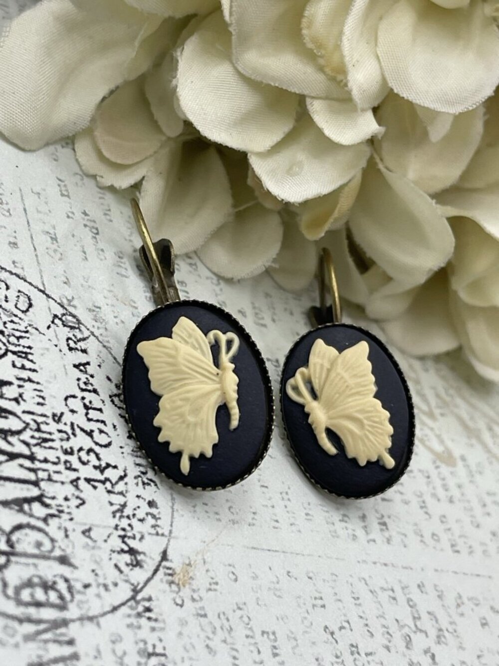 Bronze Gold Butterfly Earrings Wedding Birthday Anniversary Black & Cream Cameo